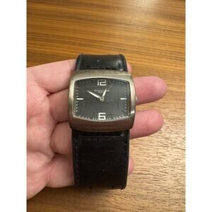 VTG Kenneth Cole Reaction Silver Watch w/ Black Leather Cuff Wide Chunky Band